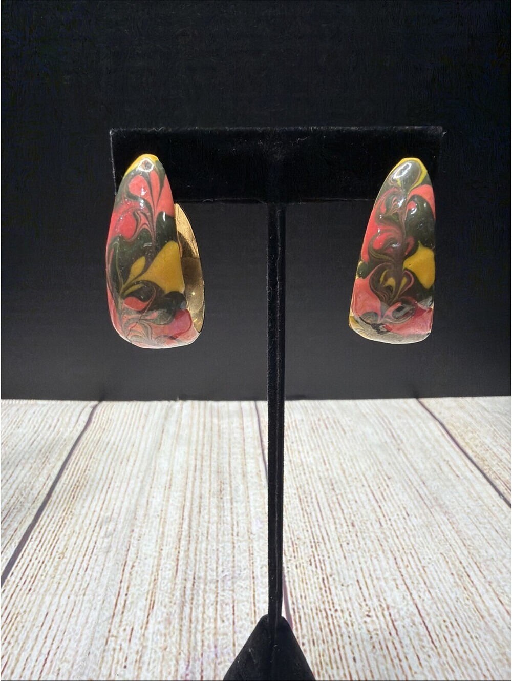 Estate Jewelry Vintage Enamel Pierced J Shaped Poop Earrings Yellow Pink Brown